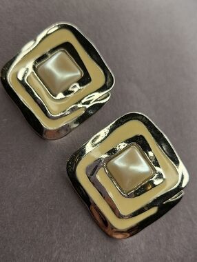 Cream and Silver Square Statement Earrings